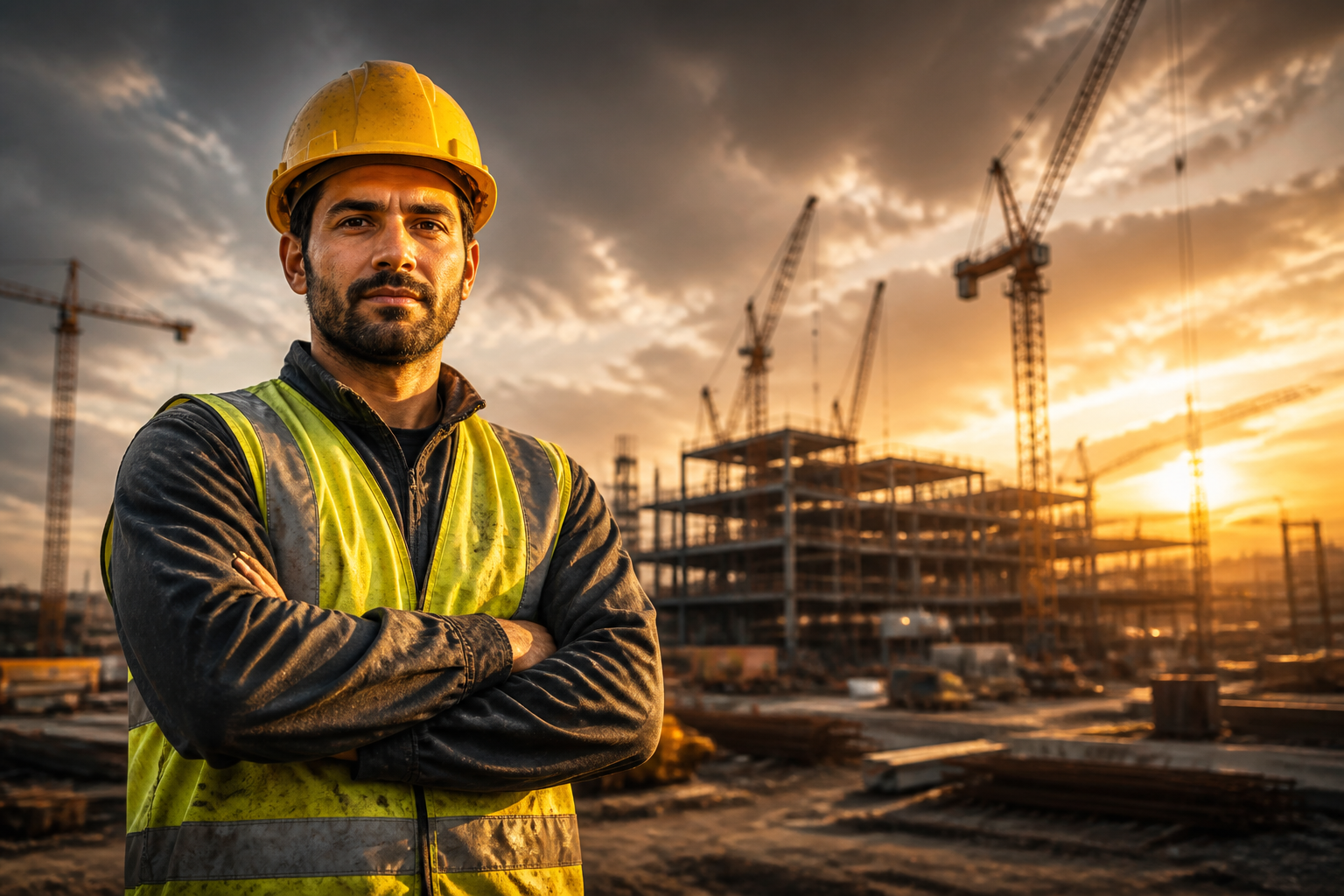Construction worker in yellow hi-vis and hard hat with site in the distance